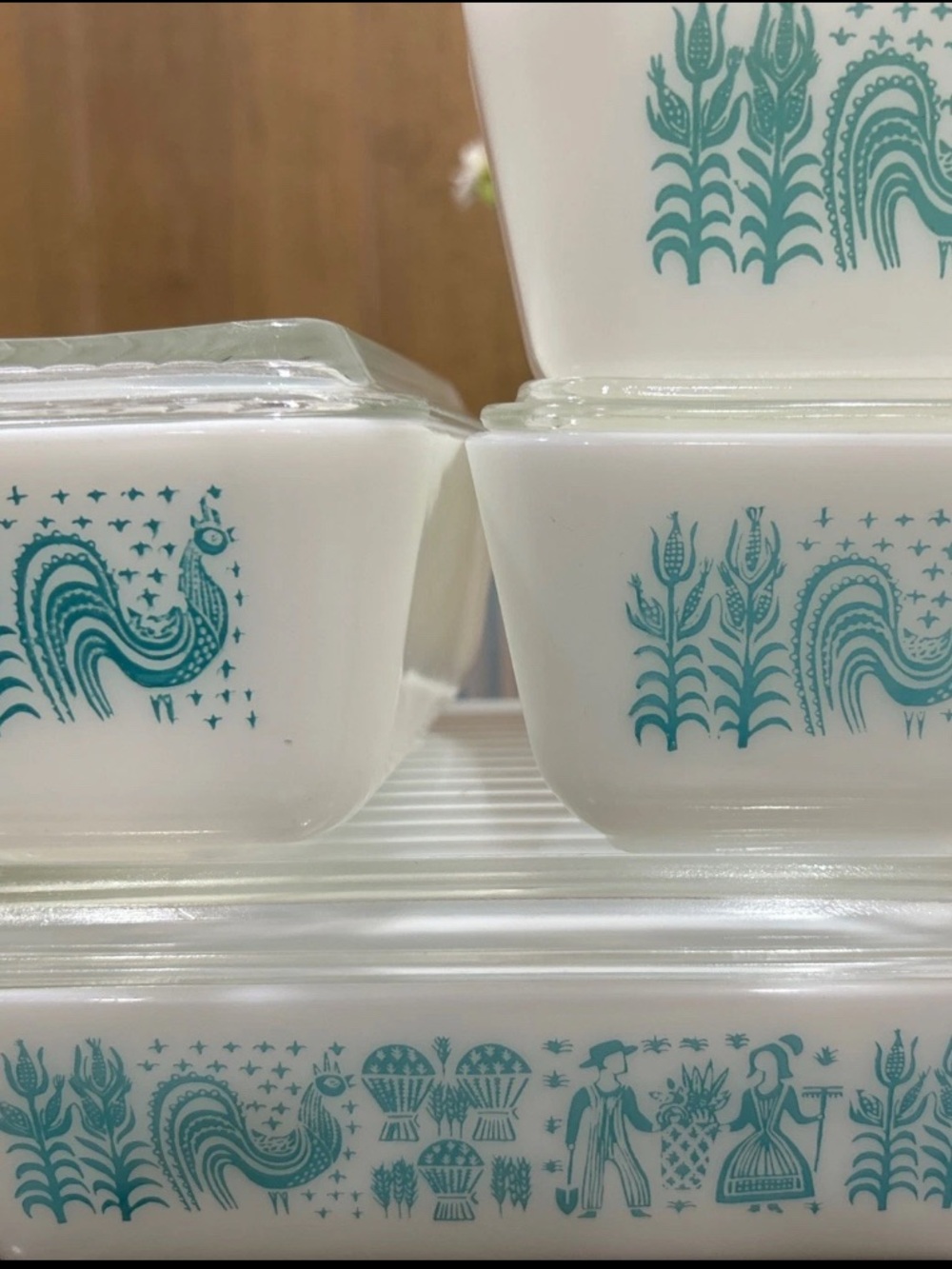 Vintage 1957 PYREX Amish Butterprint/Farm & Wife Turquoise & White Milk Glass